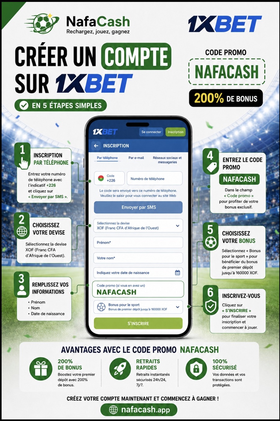 Créer un compte 1xBet avec le code promo NAFACASH — 6 étapes pour 200% de bonus