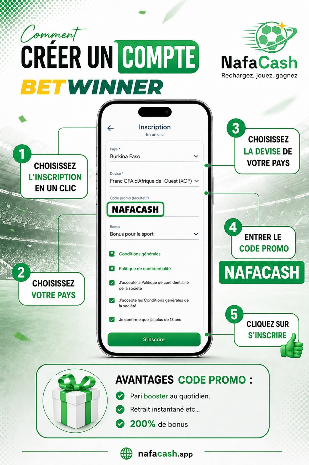 Créer un compte BetWinner avec le code promo NAFACASH — 5 étapes pour 200% de bonus